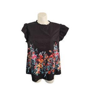 NWOT Ruffled High Neck Floral Top Women XXL Black Sleeveless